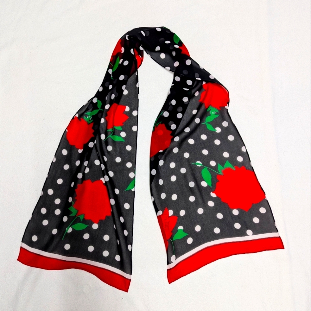 Vintage Baar Beards Silk Skinny Scarf Rose & Polka Dot 11x53